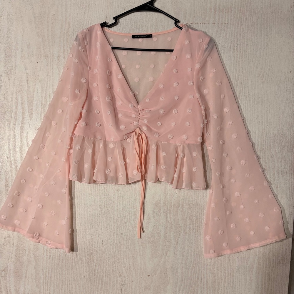 Double Crazy Swiss Dot Blouse Womens M Pink Ruched Bell Sleeve Crop Top MM0349